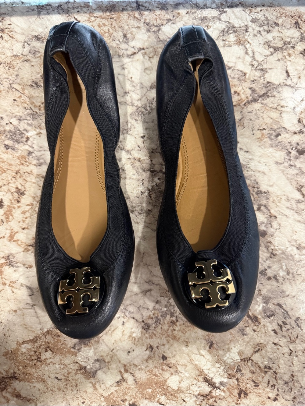 Tory Burch Black Leather Logo Round-Toe Ballet Flats with Gold Emblem